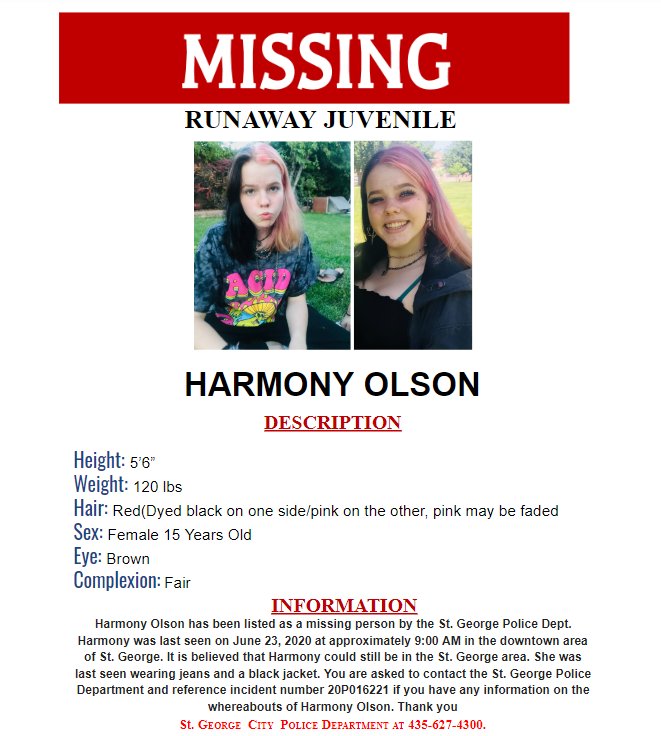 sgcitypoliceut's tweet image. Missing juvenile out of St. George
