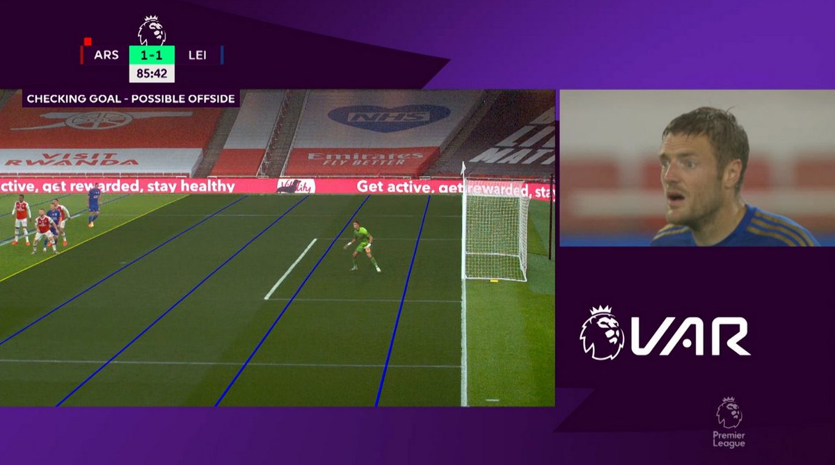 That enables the VAR, Stuart Attwell, to check the position of players from other camera angles at that same point of play. So the VAR was able to tell from this angle that the Arsenal defender was playing Vardy onside with his stretched leg.