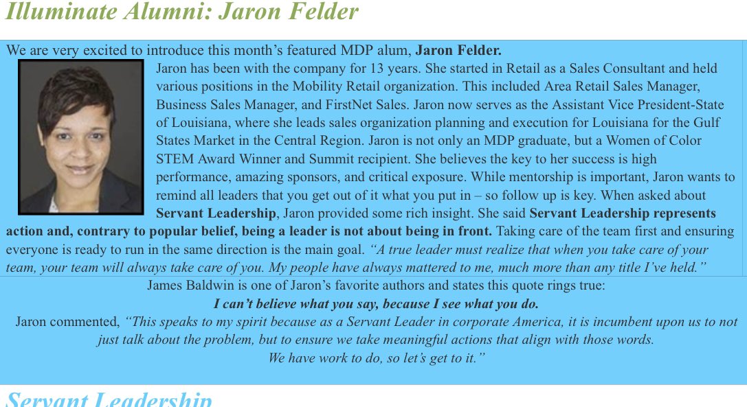 MrsJaronfelder's tweet image. So honored to be featured in the #MDPAlum newsletter!5 years ago this program was instrumental in catapulting my career. The network of leaders, peers and knowledge gained was unmatched!Proud to be able to share my views on servant leadership with this esteemed group! #LifeatATT