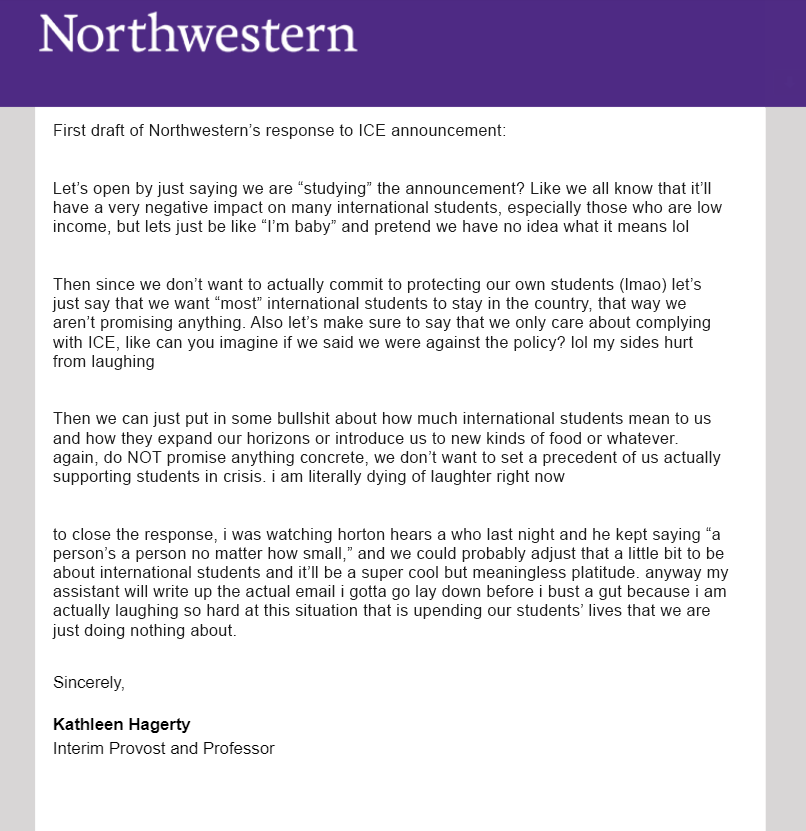 sambuttress_'s tweet photo. umm... i think northwestern accidentally sent me the first draft of their response to the ICE announcement?? https://t.co/BcWgzisN0c