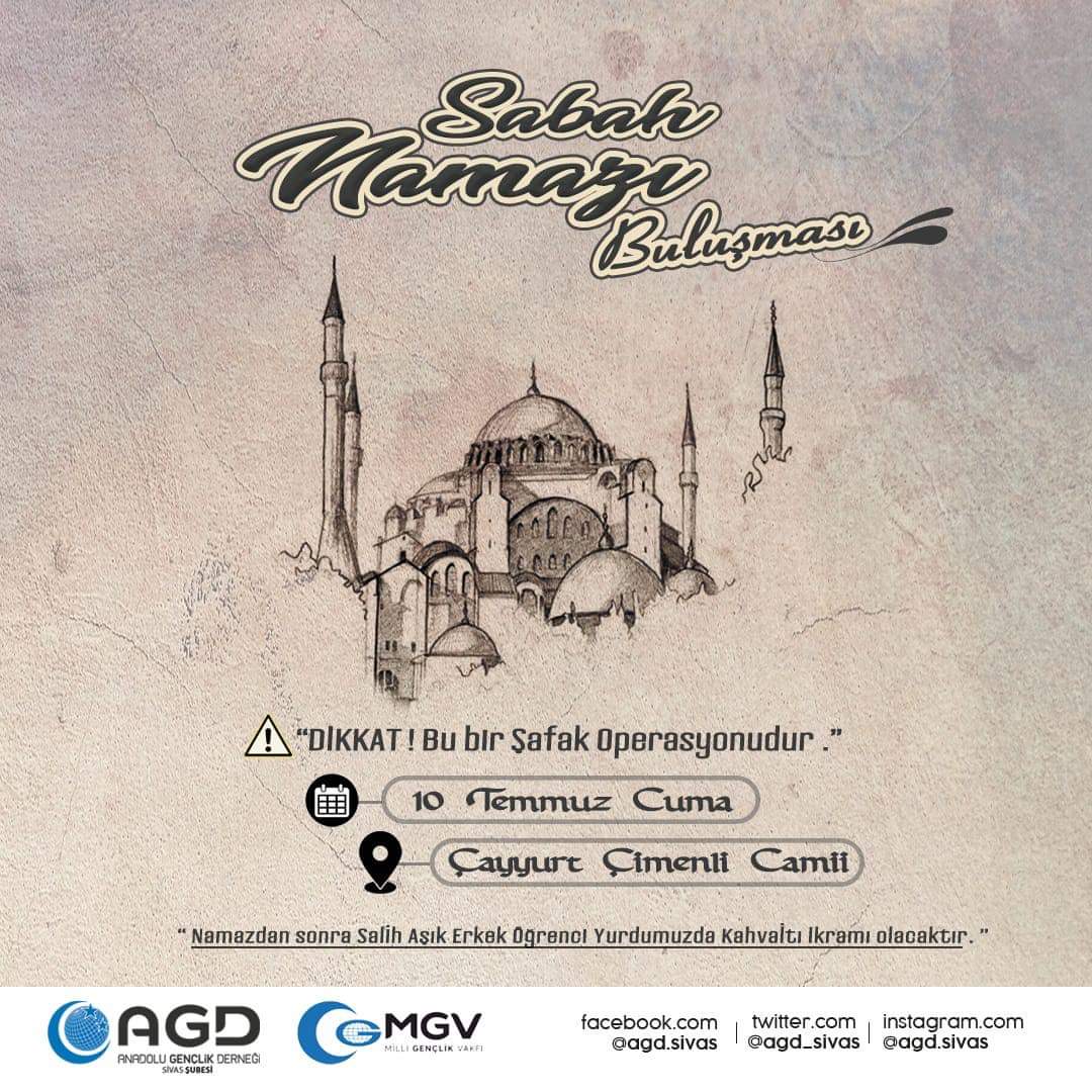 ‼️DİKKAT ‼️
Bu bir Şafak operasyonudur.

▶️10 TEMMUZ CUMA 

▶️ÇAYYURT ÇİMENLİ CAMİİ

↪️NOT:Namazdan sonra Salih Aşık Erkek Öğrenci Yurdumuzda kahvaltı ikramı olacaktır.