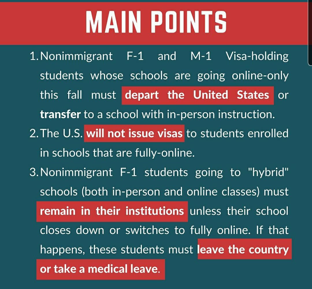 This means that international students can be deported in the middle of the semester, if their university transfers to fully online learning The US has over 1million international students who contributed $45 billion to US econ in 2018.