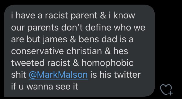 i just got this dm, while it is important to know families have different beliefs, he seems to share the same beliefs as james & his whole account revolves around it