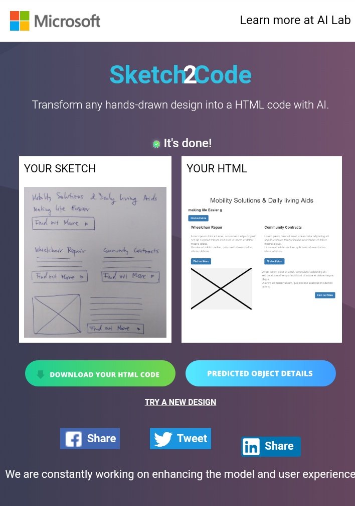 livinus_anayo's tweet photo. Microsoft sketch2code, converts a sketch to HTML code with style, using Artificial Intelligence AI. This is very awesome.
#100daysofcoding #100DaysOfCode #CodeNewbie #CodeNewbies #Webdesign #webdevelopment #webdev #Microsoft #Ai #sketch2code #Azure #sketch #programming #ML https://t.co/ArU5iJifUB