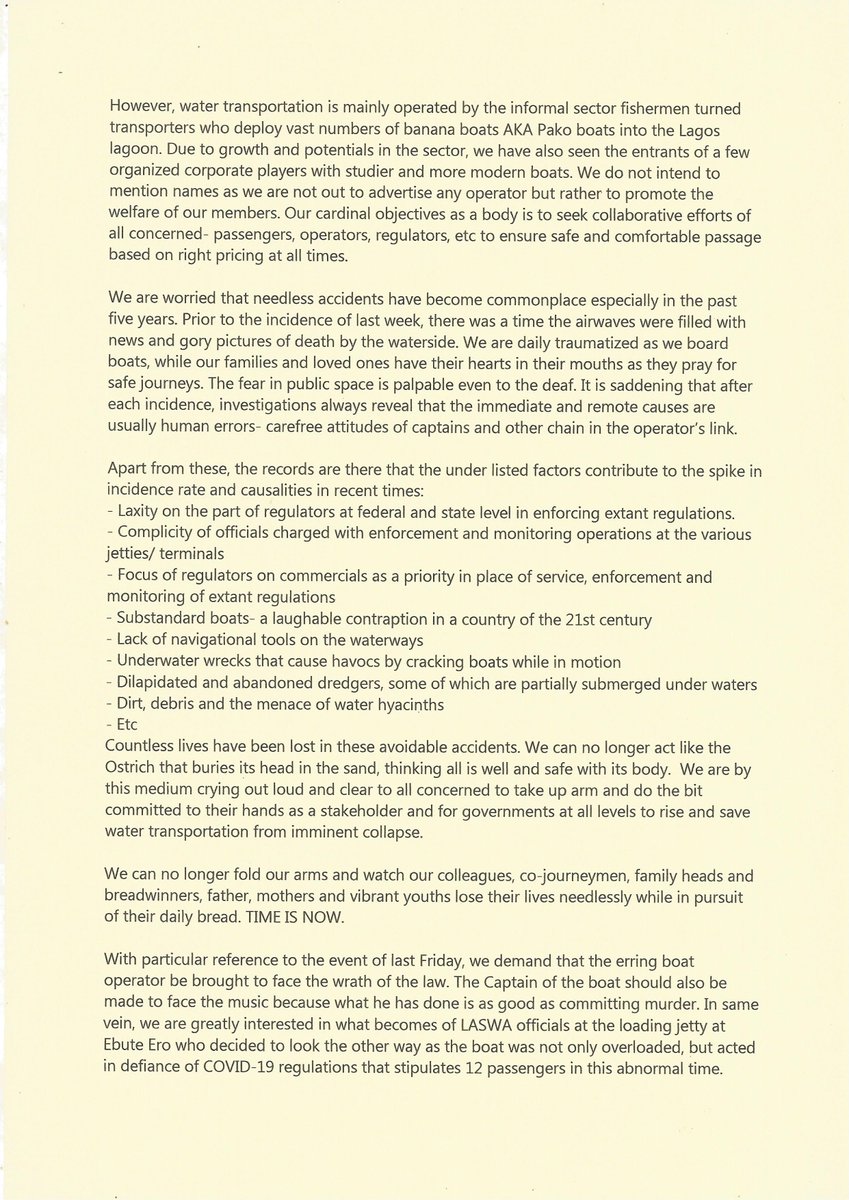 Uwpa2's tweet image. Sequel to the unfortunate boat accident of 03-07-2020 in Lagos, UWPA has released a statement to help chart the way forward and set some of the records straight.
@jidesanwoolu 
@TalktoLaswa 
@followlasg 
@Gidi_Traffic 
@lagostraffic961 
@jimidisu 
@Lagferry
#PassengersLivesMatter