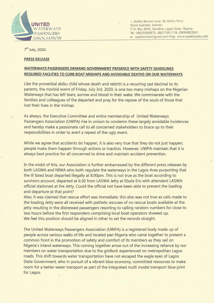 Uwpa2's tweet image. Sequel to the unfortunate boat accident of 03-07-2020 in Lagos, UWPA has released a statement to help chart the way forward and set some of the records straight.
@jidesanwoolu 
@TalktoLaswa 
@followlasg 
@Gidi_Traffic 
@lagostraffic961 
@jimidisu 
@Lagferry
#PassengersLivesMatter