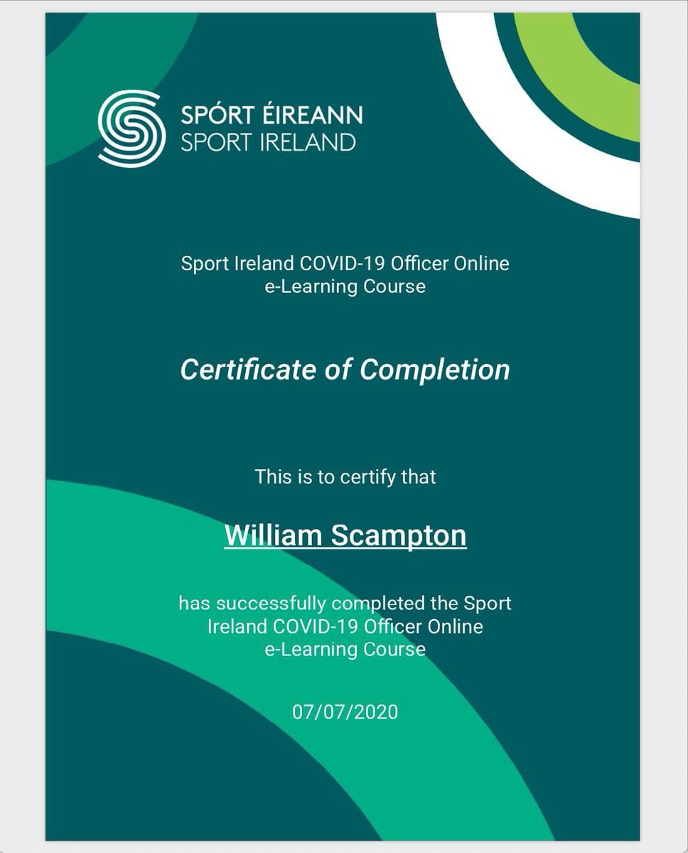 danesfortman's tweet photo. Peased to complete the @sportireland COVID-19 Return to Sport & COVID-19 Safety Officer Courses for my role as @derrycityfc EC with the #FAI @SSEAirtricityLg recommencing this month #sportssafety #sgsa #safesportsgrounds https://t.co/8C5BYabj9t
