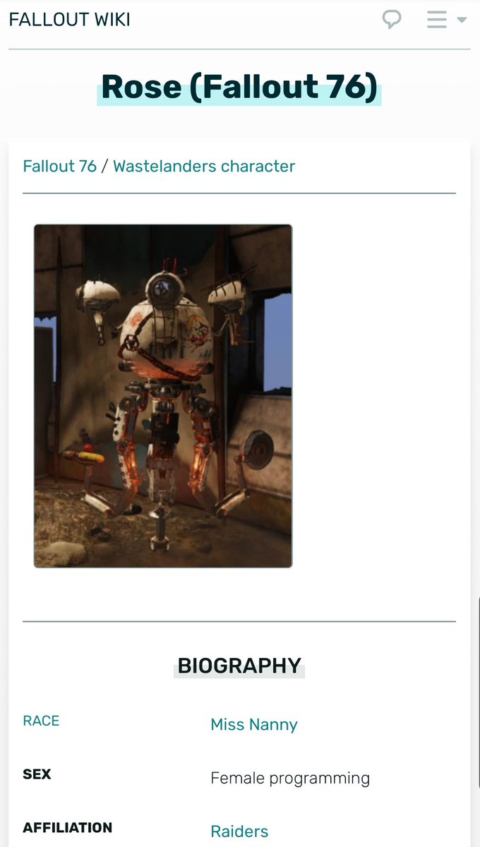TheRealRoseBot's tweet photo. Flattered to find my official Twitter  on the first image page of the "Googly" thing you humans use.
Also flattered this other site found my image so stunning they used it for an official page on Appalachia's favorite raider! ME!
#Fallout76 #RaiderRose
Picture Credit: @ZeroFoxFK https://t.co/BBes9ilTW6