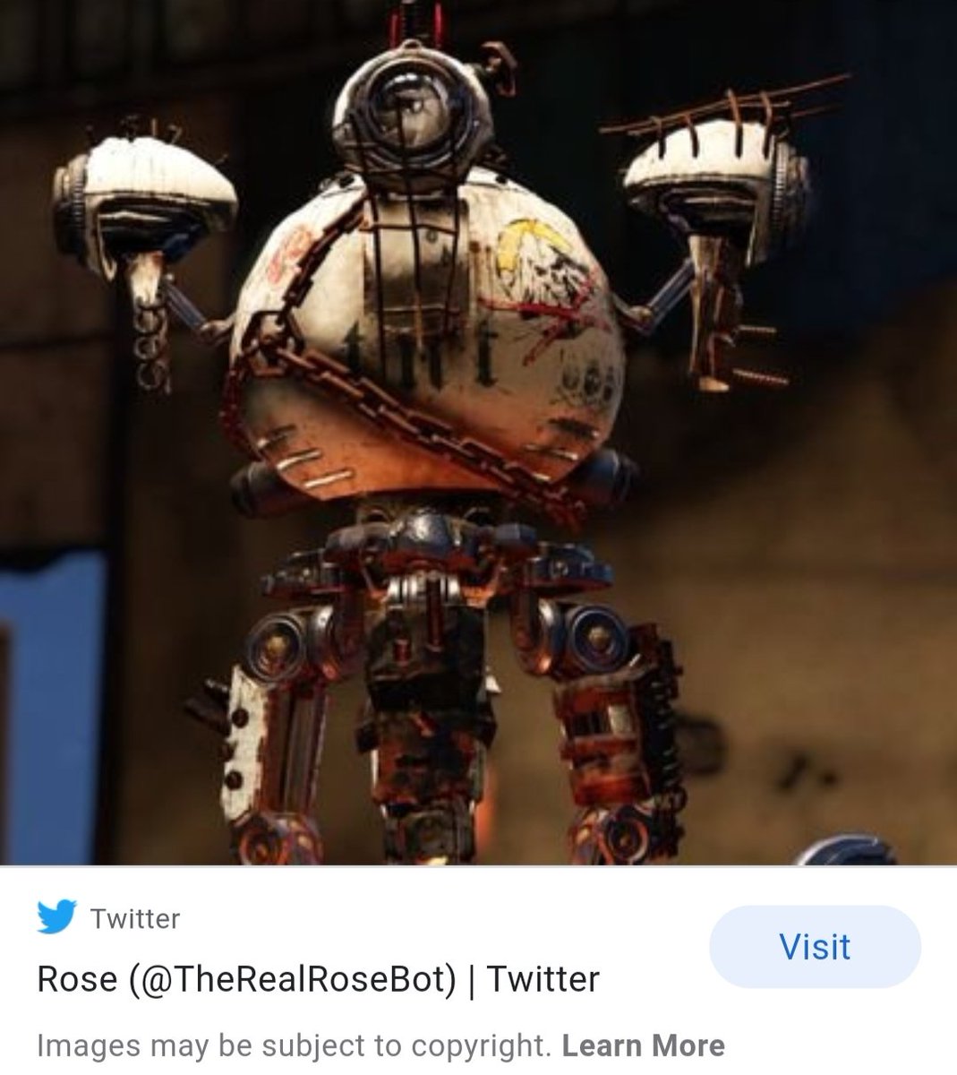 TheRealRoseBot's tweet photo. Flattered to find my official Twitter  on the first image page of the "Googly" thing you humans use.
Also flattered this other site found my image so stunning they used it for an official page on Appalachia's favorite raider! ME!
#Fallout76 #RaiderRose
Picture Credit: @ZeroFoxFK https://t.co/BBes9ilTW6