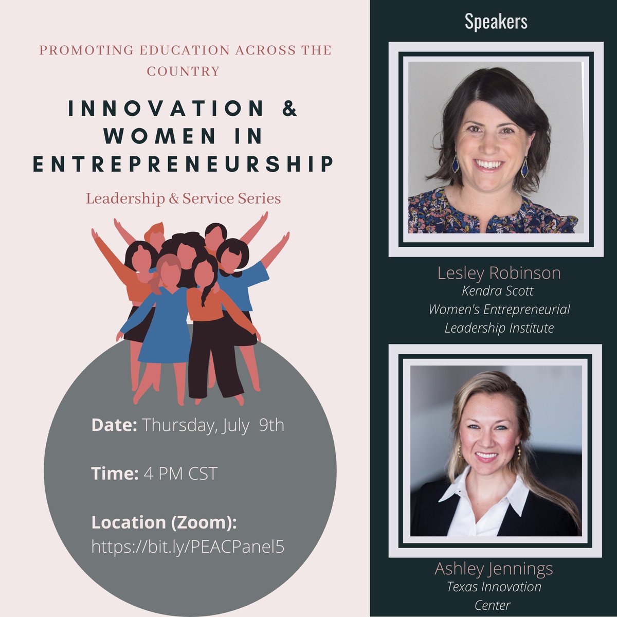 kswelinstitute's tweet photo. Join @ksinstituteUT's @lrobglobal + @TexasInnoCenter's @ashleyjjennings for a conversation with @peacusa on "Innovation and Women in Entrepreneurship" on 7/9 at 4:00 p.m. https://t.co/YReVqE80EJ