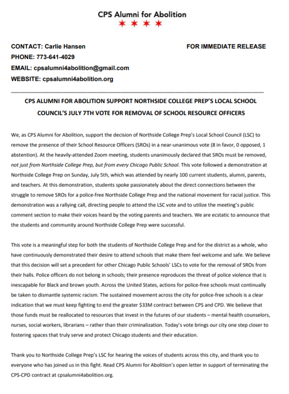 Press release from the CPS Alumni for Abolition regarding tonight's @northsidecphs LSC vote to remove school resource officers. #PoliceFreeSchools #CopsOutCPS