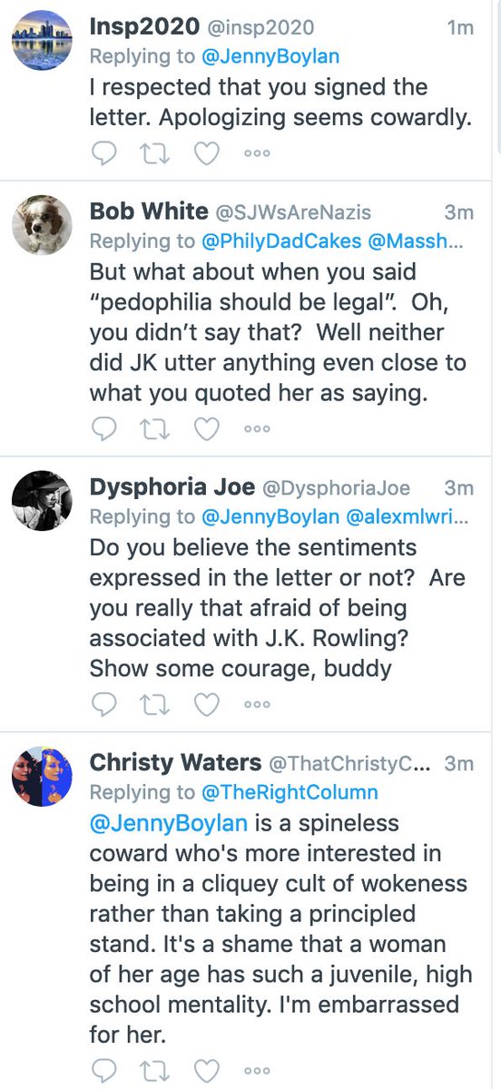 in the meantime, the Jesse-Singal-provoked hate parade in @/jennyboylan's mentions continues, here are some screen shots. it's entirely filled with ppl berating & demeaning her for apologizing. it's disgusting. is this what you meant by "open debate"  @Harpers?  #harpersletter