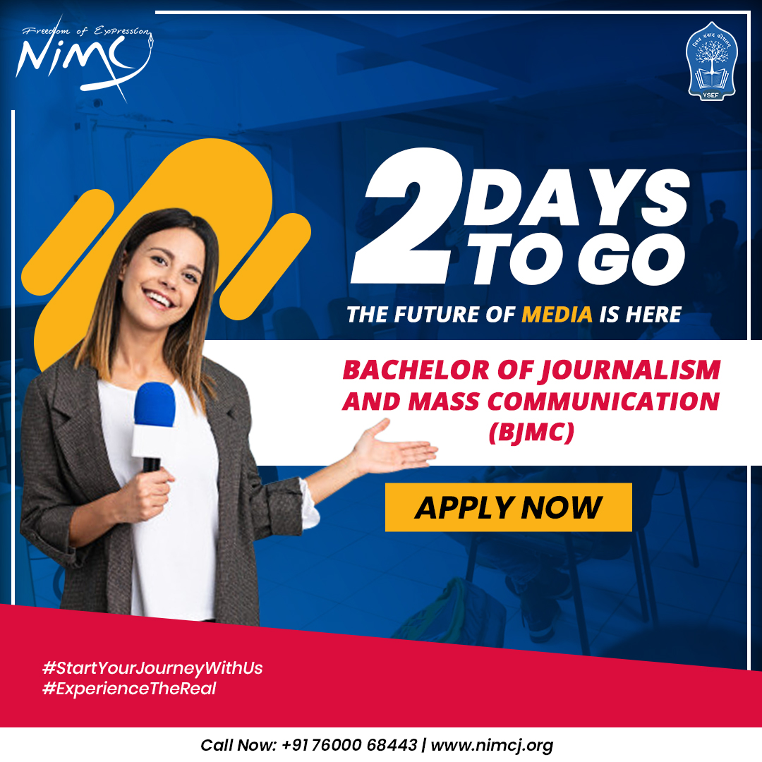 NimcjOfficial's tweet image. GRAB OPPORTUNITIES while you still can! Gain the desired experience and exposure needed in the media industry at #NIMCJ. 2 days left for admissions in the top-ranked media school in India for Bachelor of #Journalism and Mass Communication 
#AdmissionsOpenSoon #MassComm #2DaysToGo