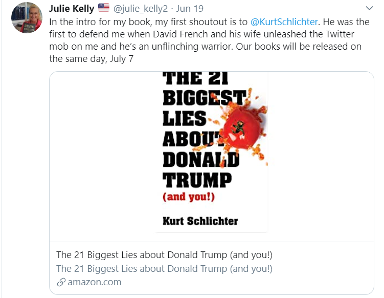 So now Julie's promoting her book. And she's still obsessed with me and with Nancy. For example, here's a tweet where she describes my objection to her libeling my wife as unleashing the Twitter mob. /8