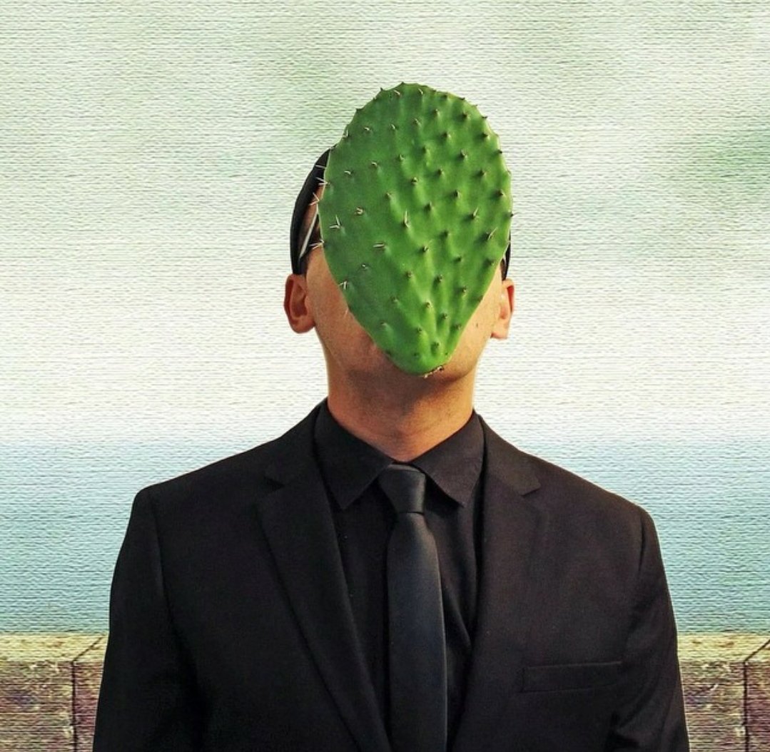 LaMorraLisa's tweet photo. Siempre he sido muy de hacer mis cositas en lugar de photoshopear, como aquí en 2014 inspiradx por René Magritte.
Técnica: Nopal, cuchara doblada y cinta de aislar sobre óleo. https://t.co/WPEUACLkZ9
