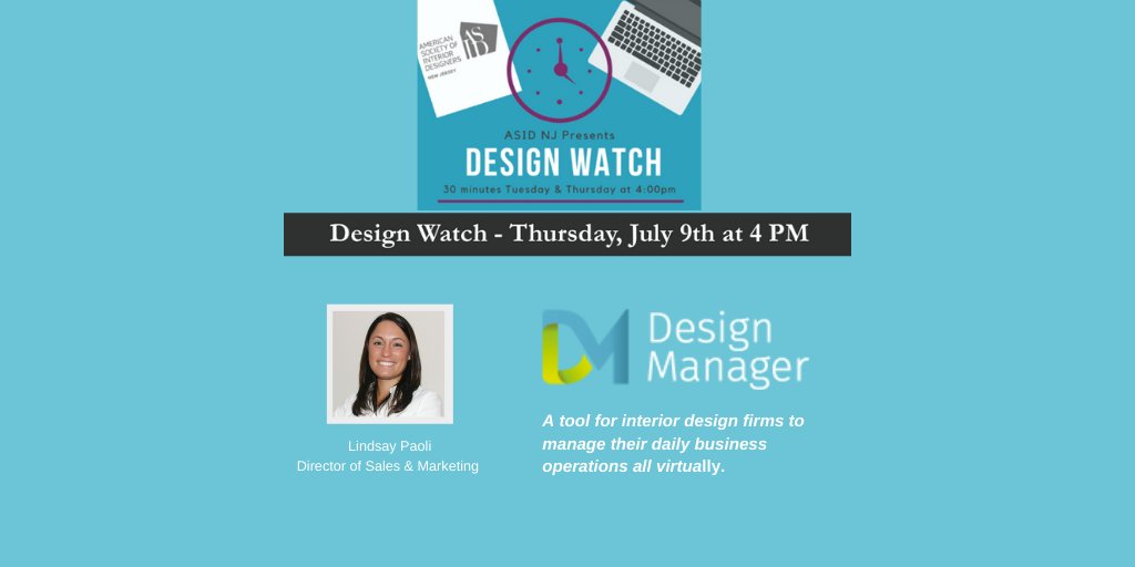 ASIDNJ's tweet photo. This Thursday at 4PM Design Watch features Lindsay Paoli of @DesignManager, a tool that helps interior designers manage their daily business operations virtually, from sourcing to installation. Register: https://t.co/0VFWSPkcwi #asidnymetro #asid #DesignManager #virtualbusiness https://t.co/69dWJeAYwQ