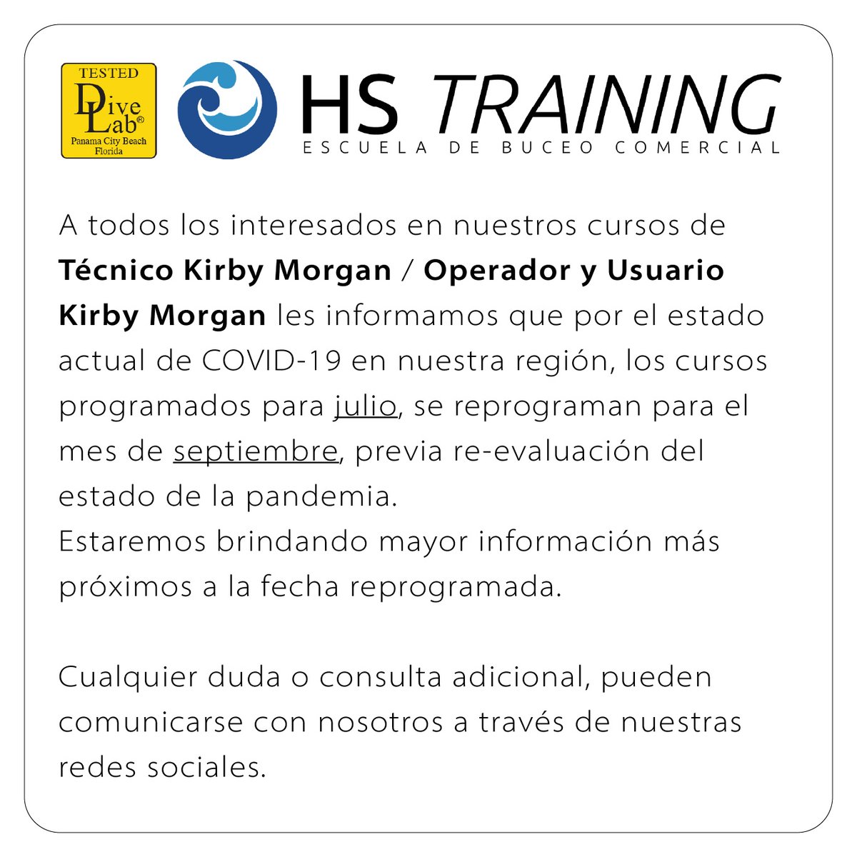hstrainingpro's tweet photo. ¡Atención! Fechas reprogramadas para nuestros cursos.
#buzocomercial #buzoadci #divelab #kirbymorgan #argentina #covid #covid19 #coronavirus https://t.co/f060nntI4y