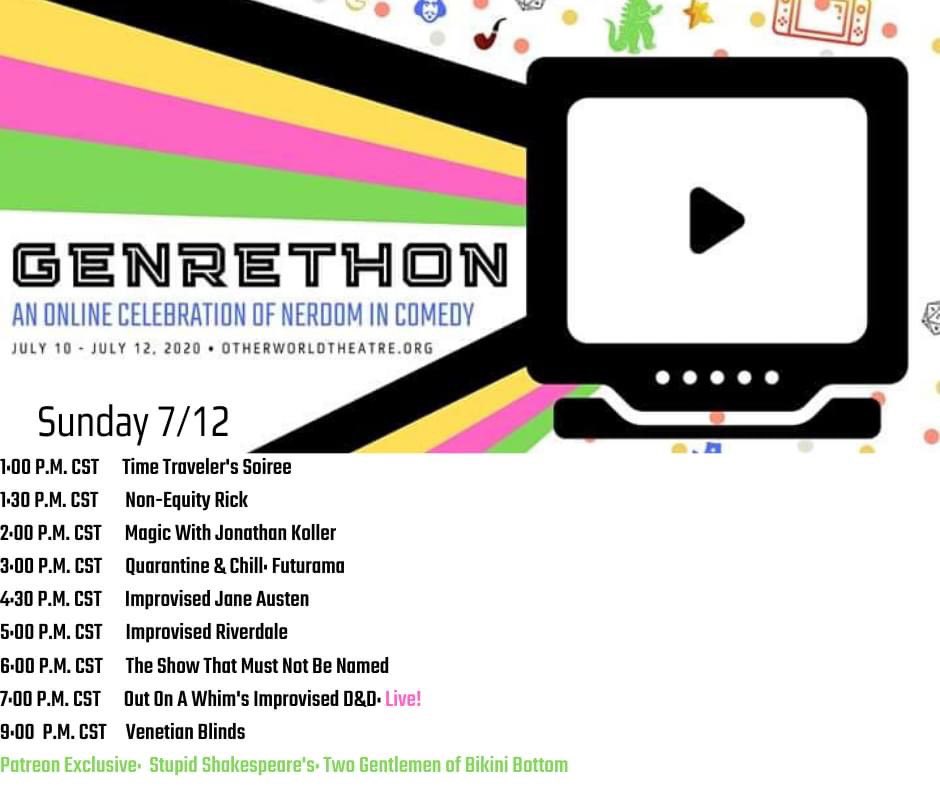 OtherworldThtre's tweet photo. #GENRETHON2020 is launched! Check out this amazing digital line-up include @ImprovisedDandD @improvstartrek @ImprovDandies @DungeonDrag @ImprovAusten @showthatshall AND MORE! Get your free tix at https://t.co/9PESFToTxt

#improv #comedy #festival https://t.co/8dW3uYGdT0