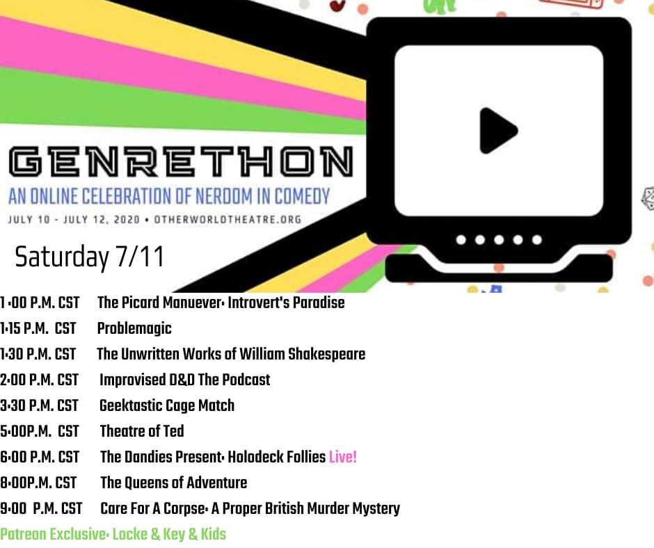 OtherworldThtre's tweet photo. #GENRETHON2020 is launched! Check out this amazing digital line-up include @ImprovisedDandD @improvstartrek @ImprovDandies @DungeonDrag @ImprovAusten @showthatshall AND MORE! Get your free tix at https://t.co/9PESFToTxt

#improv #comedy #festival https://t.co/8dW3uYGdT0