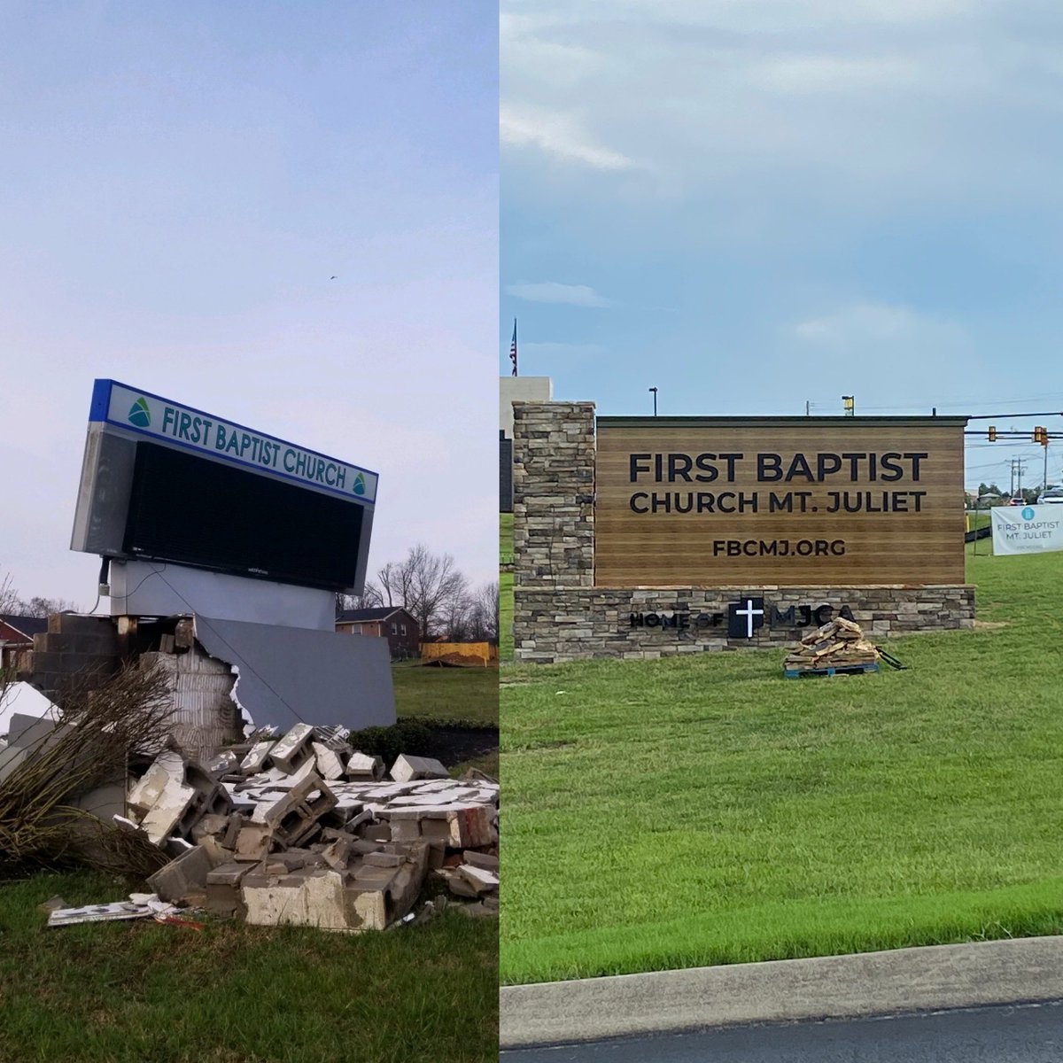 phillipldunn's tweet photo. A tornado can blow our sign over, but it cannot stop our mission! Excited to see our new @FirstBaptistMJ sign finished being installed today! Great days ahead! #forward #rebuilding https://t.co/lBszUqUj5o