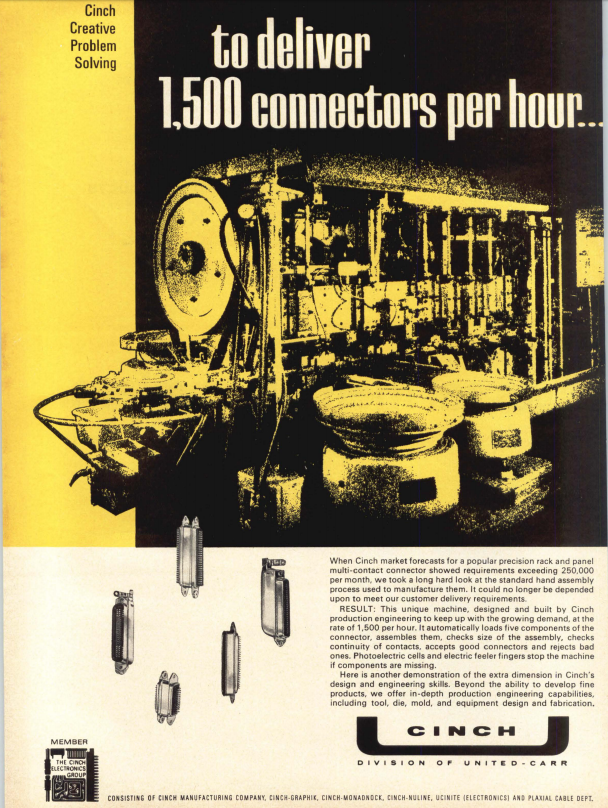 this ad from Cinch has a photo of a giant machine that makes connectors. too bad it is so grainy.