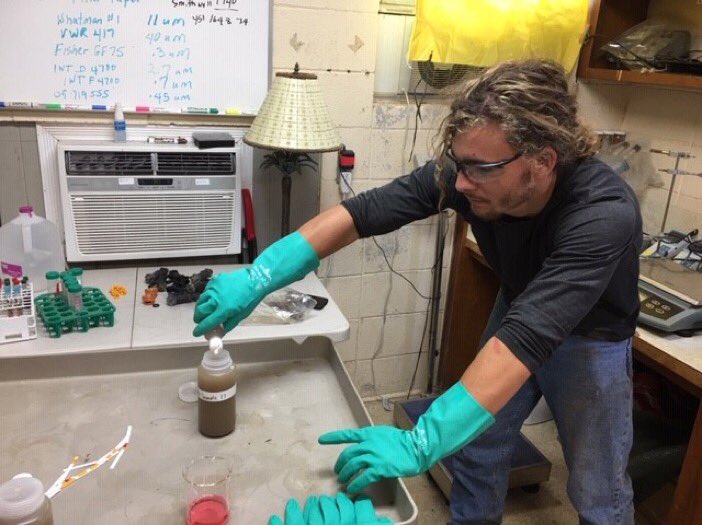 There are many moving parts to this project and many people who make its success possible. Here, a student worker is preparing runoff samples to be analyzed for nitrogen and phosphorus losses from erosion. #lsuBMPs