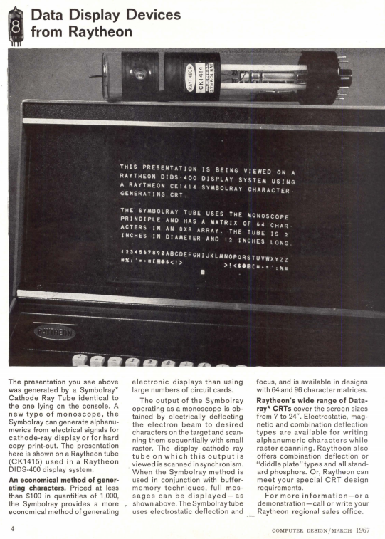 an ad for the Raytheon Symbolray tube! i managed to get one of these tubes up and running:  http://tubetime.us/index.php/2018/06/04/a-vacuum-tube-rom/
