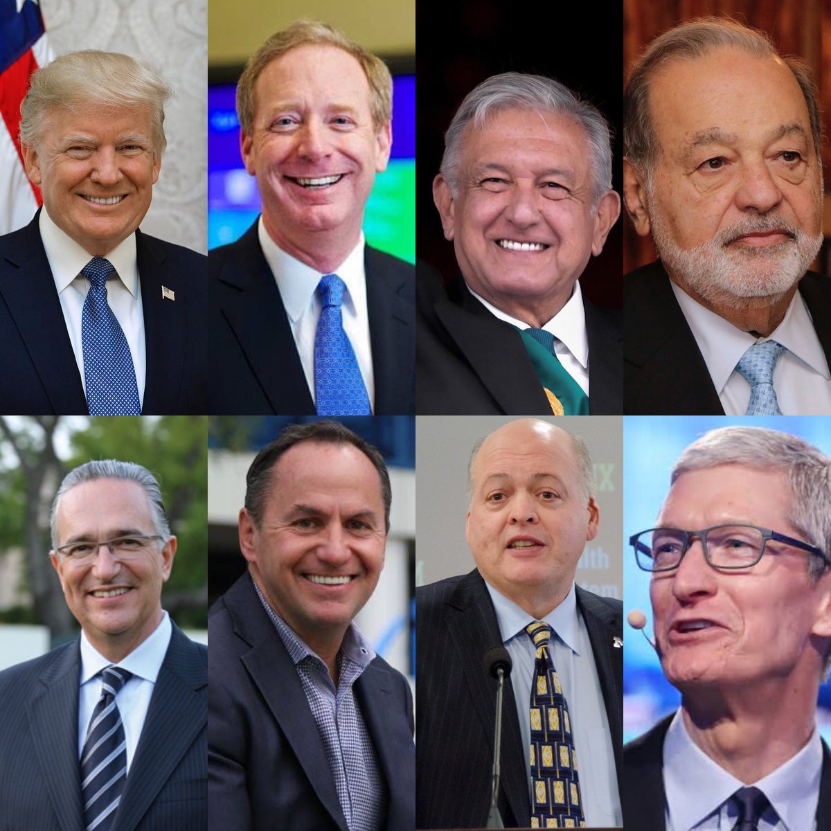 CerebrosG's tweet photo. Algunos de los invitados a la cena con Donald Trump.

-Andrés Manuel López Obrador
-Brad Smith (Presidente de Microsoft)
-Tim Cook (Director Ejecutivo de Apple)
-James Hackett (Presidente de FORD)
-Carlos Slim (Grupo Carso)
-Ricardo Salinas (TV Azteca)
-Bob Swan (CEO INTEL) https://t.co/r5cxPI0jtf