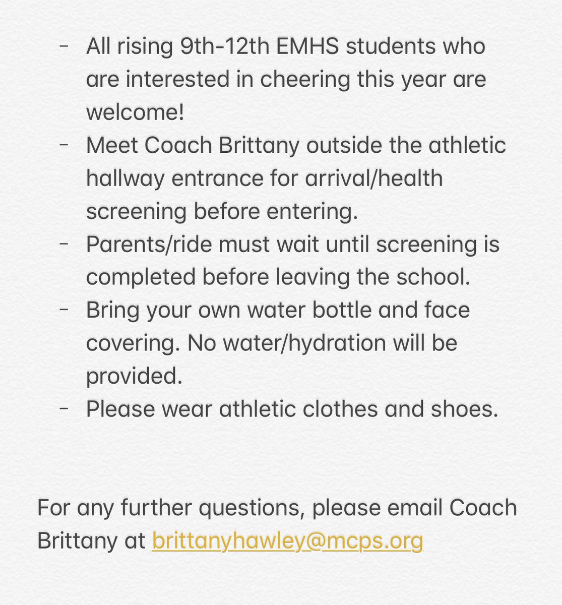Info for EMHS CHEER out of season workouts! <a href="/EMHSMustangs/">Eastern Montgomery High School</a> <a href="/MustangsSms/">SMSMustangsSports</a>