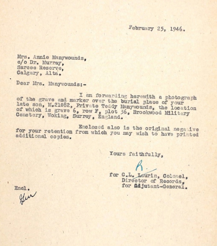 They have a letter from February 25, 1946., confirming that his mother, Annie, with the assistance of Dr. Murray of the Sarcee Reserve, to get photos of the grave and marker for the family.