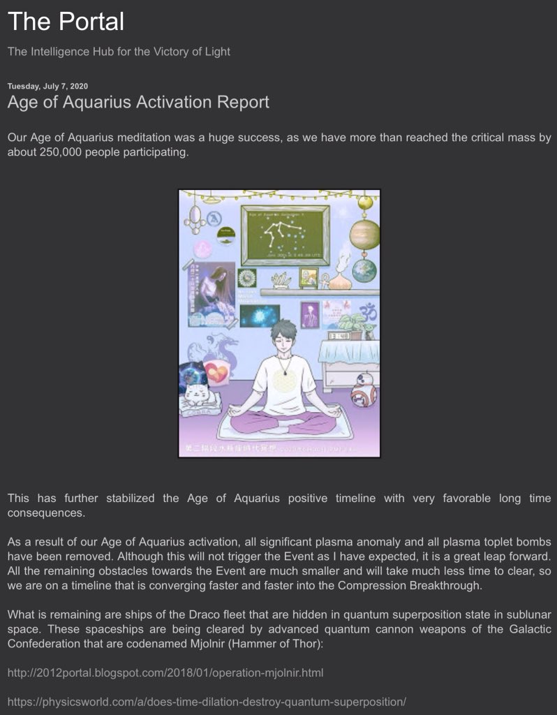 PeaToastie's tweet photo. COBRA - AGE OF AQUARIUS ACTIVATION REPORT

#Qanon #Galactic #mjolnir #jesuits #deepstate #hillary #trump #elevtion #ufo #meditation #draco #elon #PrinceAndrew #GhislaineMaxwell #Epstein #blacklivesmatter #antifa

Full report- https://t.co/qCJUcS3raY
.
.
.
. https://t.co/4EkNNpBLcw