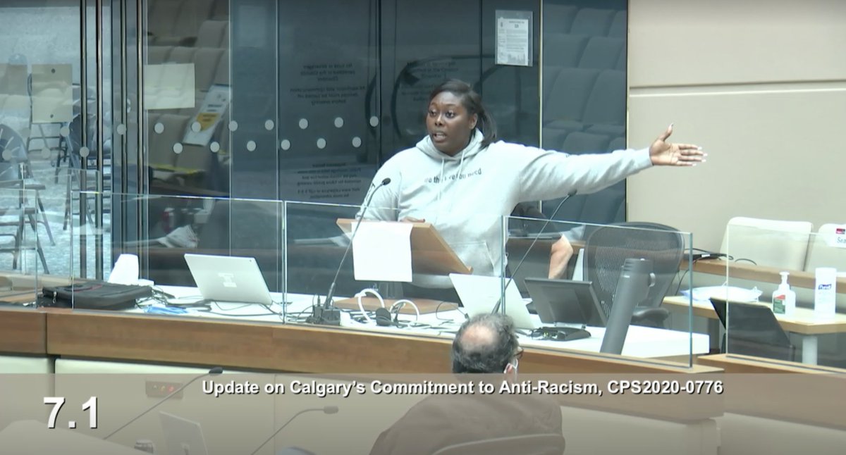 klaszus's tweet photo. Shauna Porter just delivered a blistering critique of #yyccc's anti-racism public hearing. Too comfortable, too traditional, too normal. People being made to wait hours to speak. What is that? she asks. "What you have done today is performative." https://t.co/l0Ts9jMyng