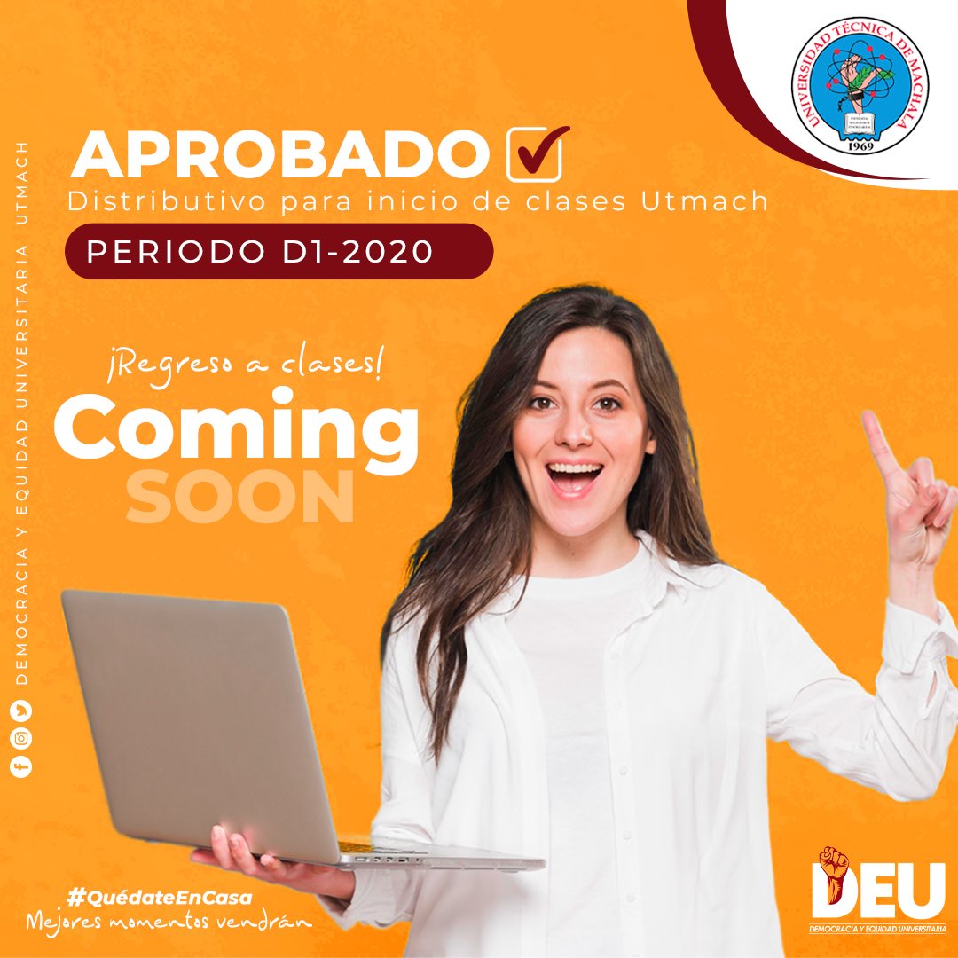 deu_utmach's tweet photo. ¡Excelentes noticias!, Consejo Universitario aprobó por unanimidad el distributivo para el periodo de clases  D1-2020 en las cinco facultades de nuestra emblemática Universidad.  #utmach #deu https://t.co/vHWu2BOAex