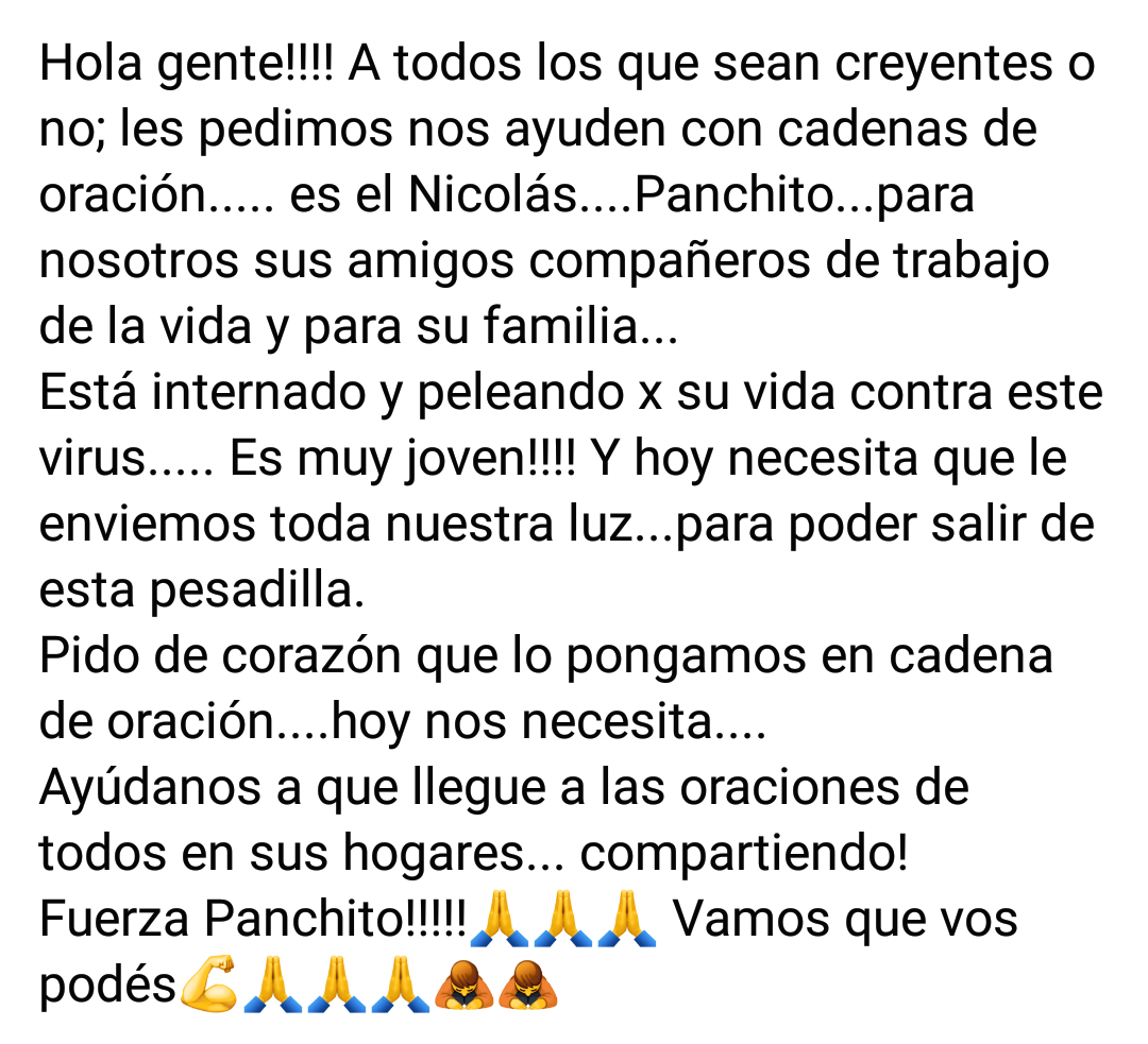 kuitifinu's tweet photo. Vamos amigo no podés aflojar ahora! Por favor seas creyente o no con una mínima oración podés ayudar muchísimo! Vamos panchito querido que vos SOS más fuerte que la mierda esta!!!!!! https://t.co/UVPp2FHxsi