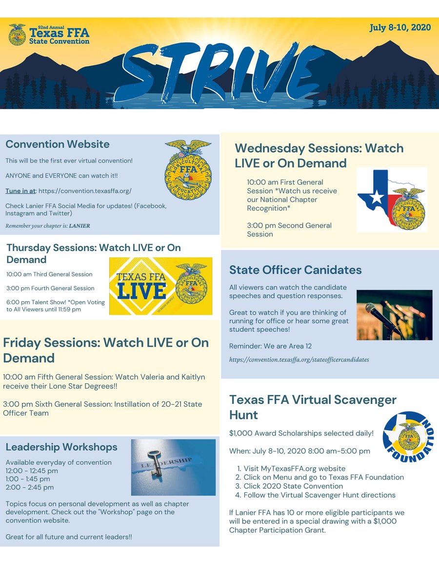LanierFFA's tweet photo. Although we cannot travel to Dallas this year for State Convention, there is still plenty for ALL of us to participate in! What will you be participating in? Lanier FFA will be awarded our National Chapter Award, Valeria and Kaitlyn will be awarded their Lonestar Degree! https://t.co/QLbIRCiYUT