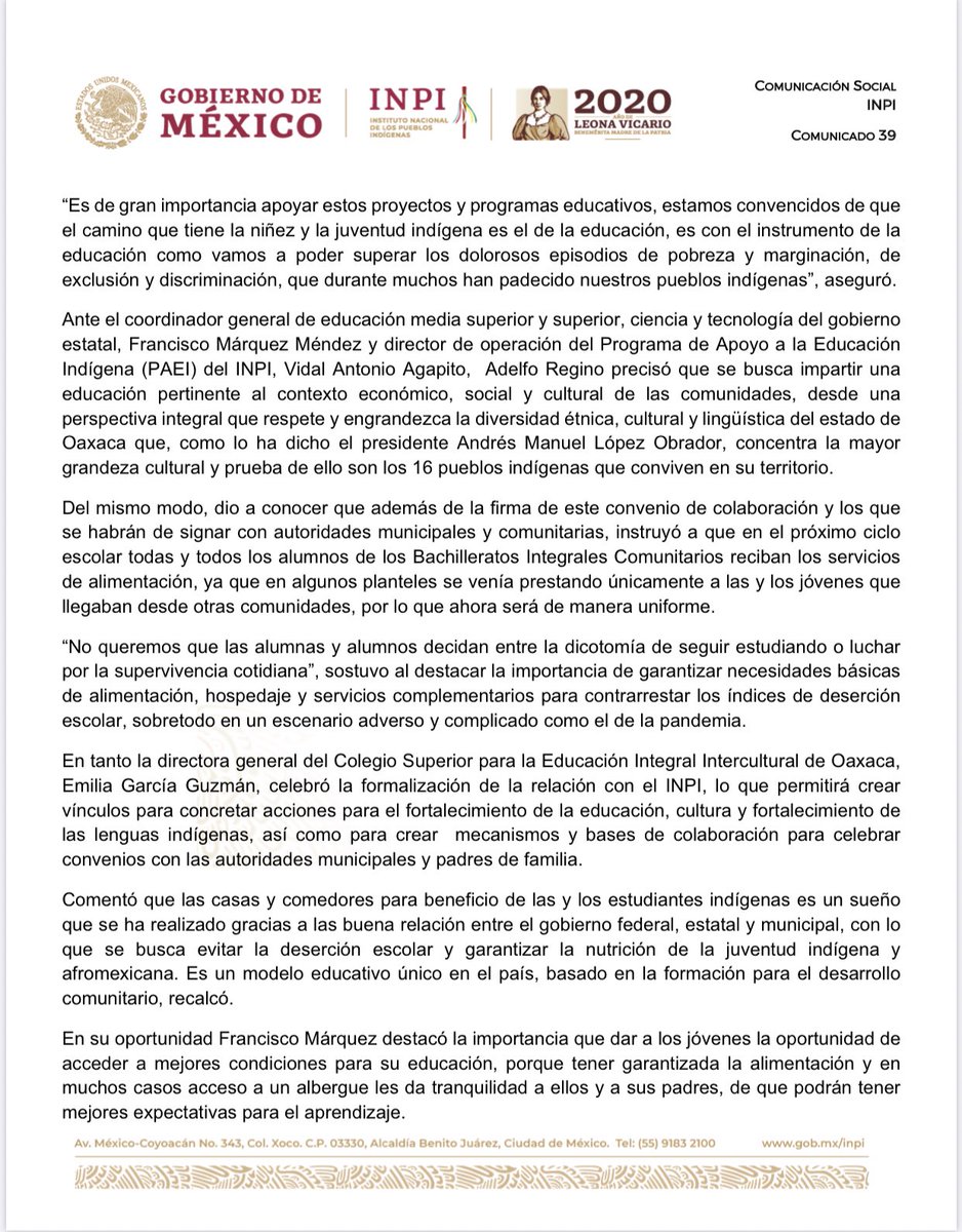 INPImx's tweet photo. #COMUNICADO | 📰🗞️

Garantiza el INPI educación y alimentación a estudiantes indígenas de 43 planteles del Colegio Superior para la Educación Integral Intercultural de Oaxaca. 

@DEELAYUUK @GobiernoMX https://t.co/TWlS2EBciW