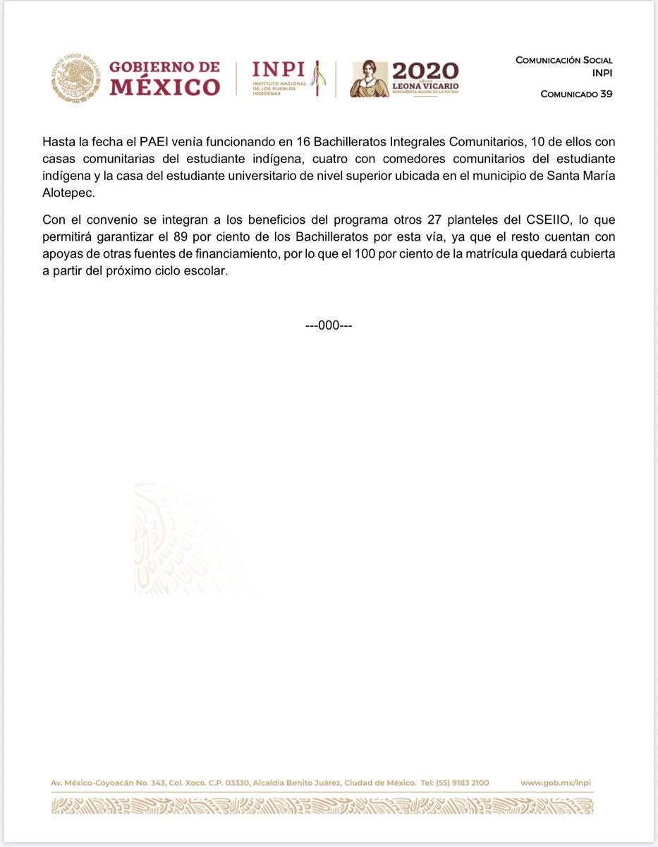 #COMUNICADO | 📰🗞️

Garantiza el INPI educación y alimentación a estudiantes indígenas de 43 planteles del Colegio Superior para la Educación Integral Intercultural de Oaxaca. 

<a href="/DEELAYUUK/">Adelfo Regino Montes</a> <a href="/GobiernoMX/">Gobierno de México</a>