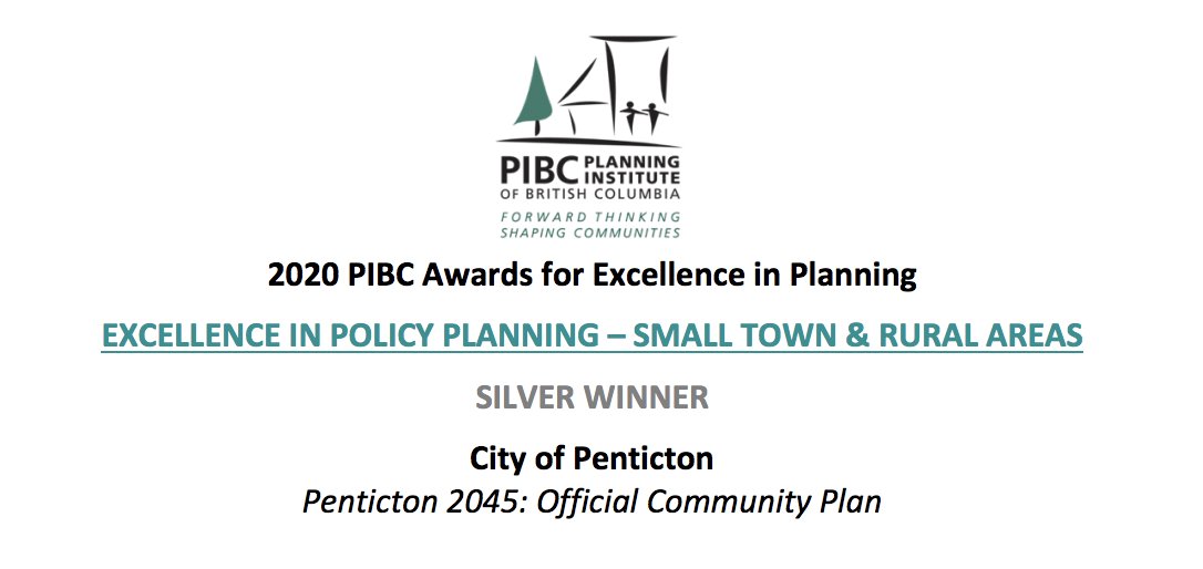_PIBC's tweet photo. Congratulations to #PIBC2020 Silver winner for Policy Planning (Rural Areas) @cityofpenticton &amp; its partners @thinkmodus, SOSCP &amp; C4Wise Design on creating the award-winning OCP with a holistic vision for the community's future &amp; sustainable growth: https://t.co/vZhslyhSFp https://t.co/eIitEfUEEY