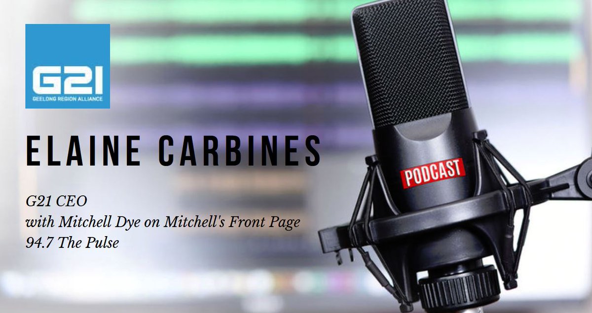 G21 CEO @G21elaine Carbines spoke with Mitchell Dye of @mdsfrontpage on @947thepulse yesterday (7 July) on support for Geelong's COVID recovery, attempts to keep the ATO in #Geelong, a local #SocialHousing crisis & renewable energy projects. Listen here: bit.ly/301uVRN