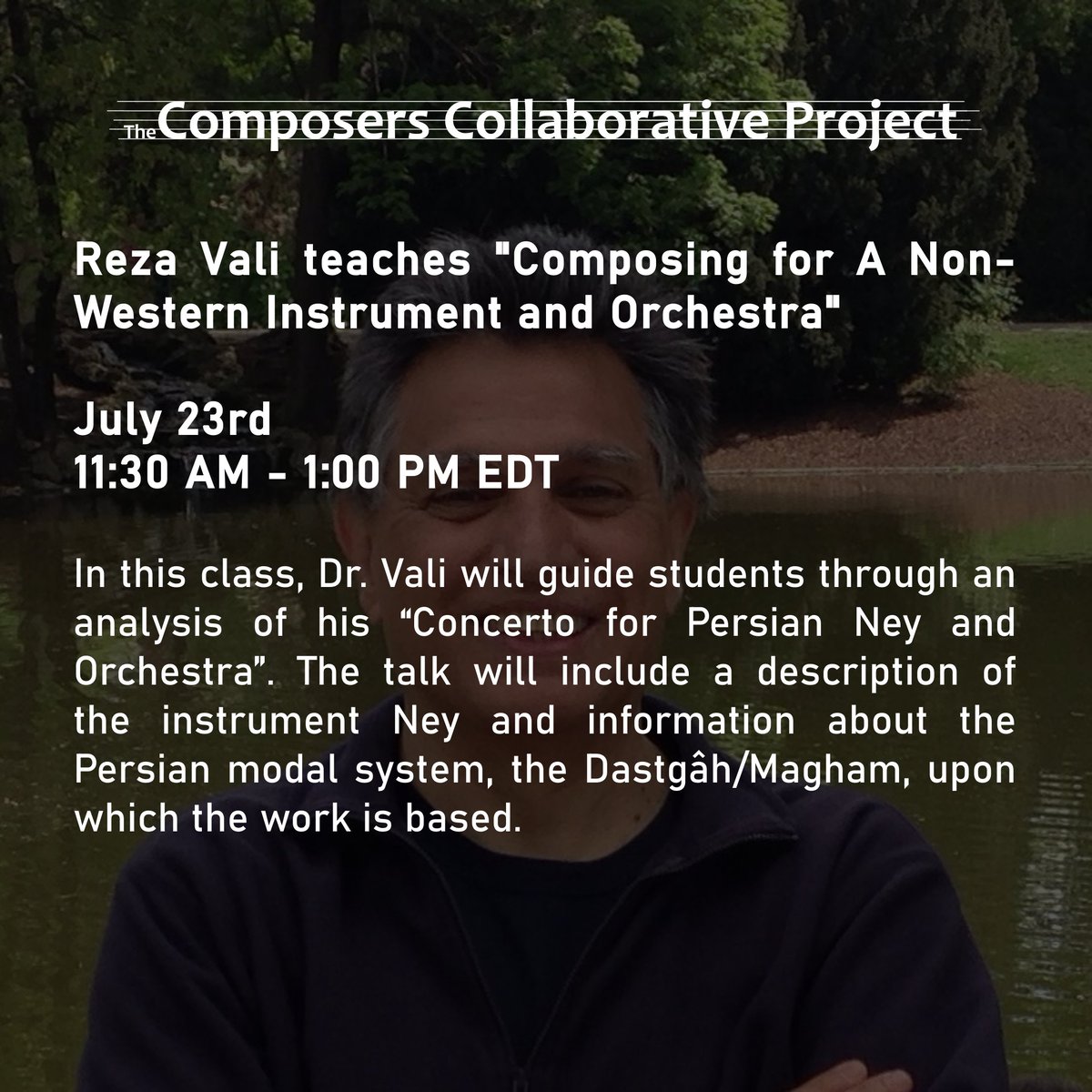 Dr. Reza Vali has taught at Carnegie Mellon University since 1988. He has received numerous awards, fellowships and commissions - including those from the Pittsburgh Symphony Orchestra, the Boston Modern Orchestra Project, and the Kronos Quartet. composerscollaborative.com/teachers/vali