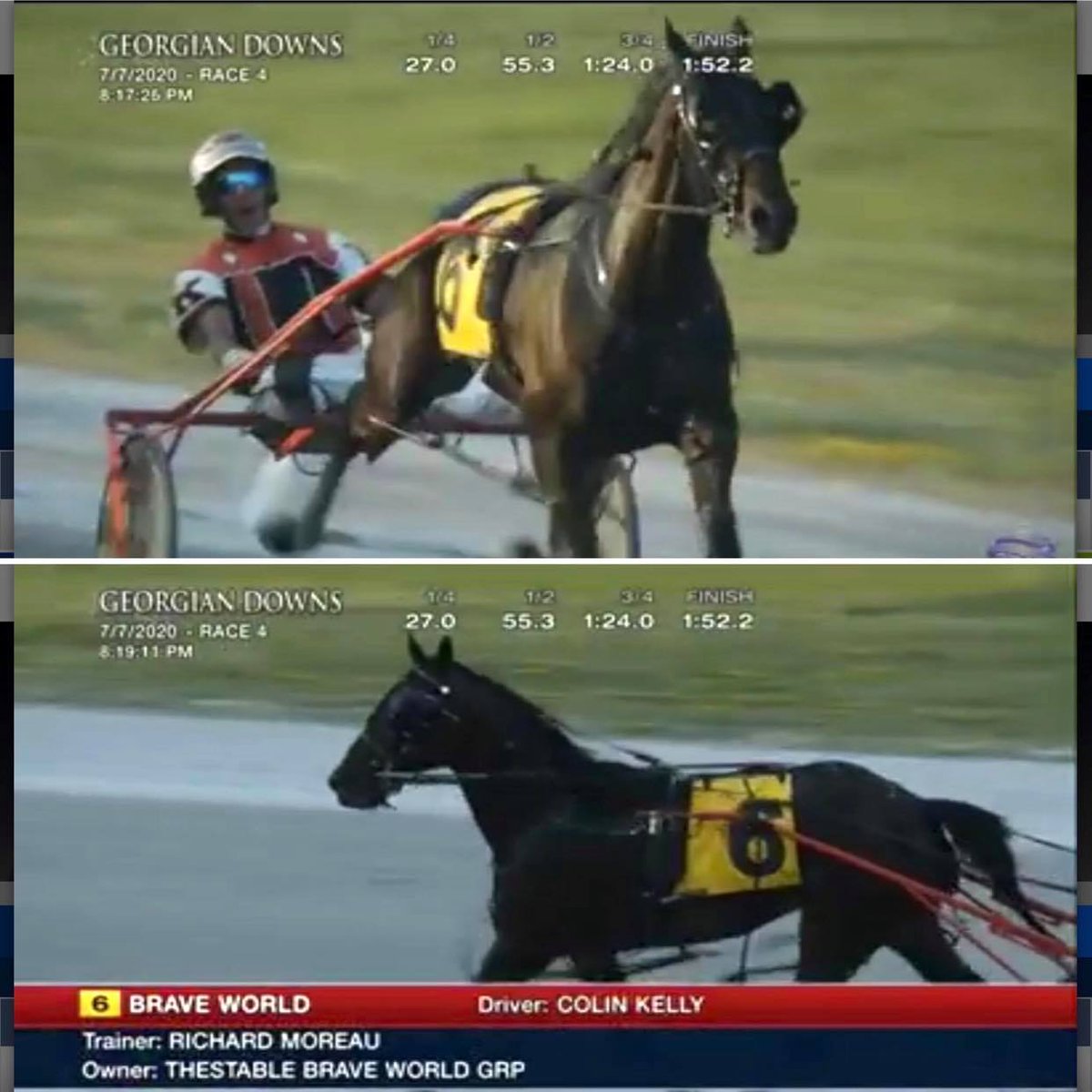 🥇Back-to-back wins for BRAVE WORLD, hanging on for a 1:52.2 score with <a href="/colinkelly1993/">colinkelly</a> tonight over <a href="/GeorgianDowns/">Georgian Downs</a> for trainer Richard Moreau.

That's career win #24 for BW! Congrats to our clients and his care team 💙 

#ownalittleloveitalot