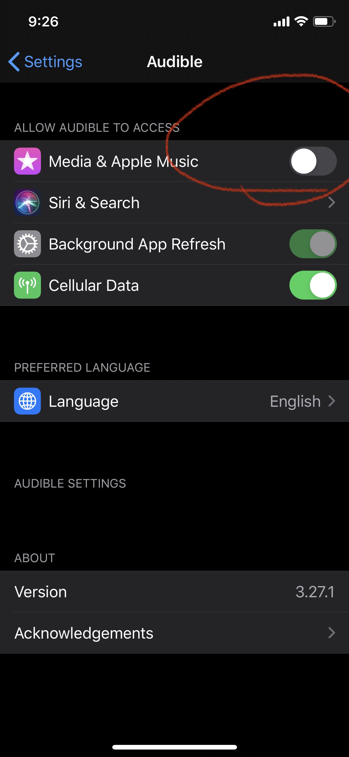 Taku Audibleのiphone Appが5分もしないうちに落ちる問題 解決した メディアファイルへのアクセスを無効にする これを無効にする前はlibrary がずっと更新してます状態だった 待ちが長すぎてクラッシュしてるイメージ 全員に発生してるとは思えない