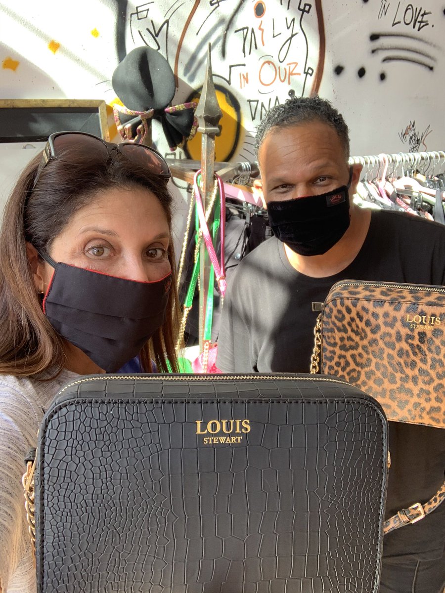 Vacation day @FOXLA. Shopping Black owned business today. #BlackOutTuesday Owner: @zoesvintique Pantsuit designer from Africa. Purse (and mask) designer @mrlouisstewart