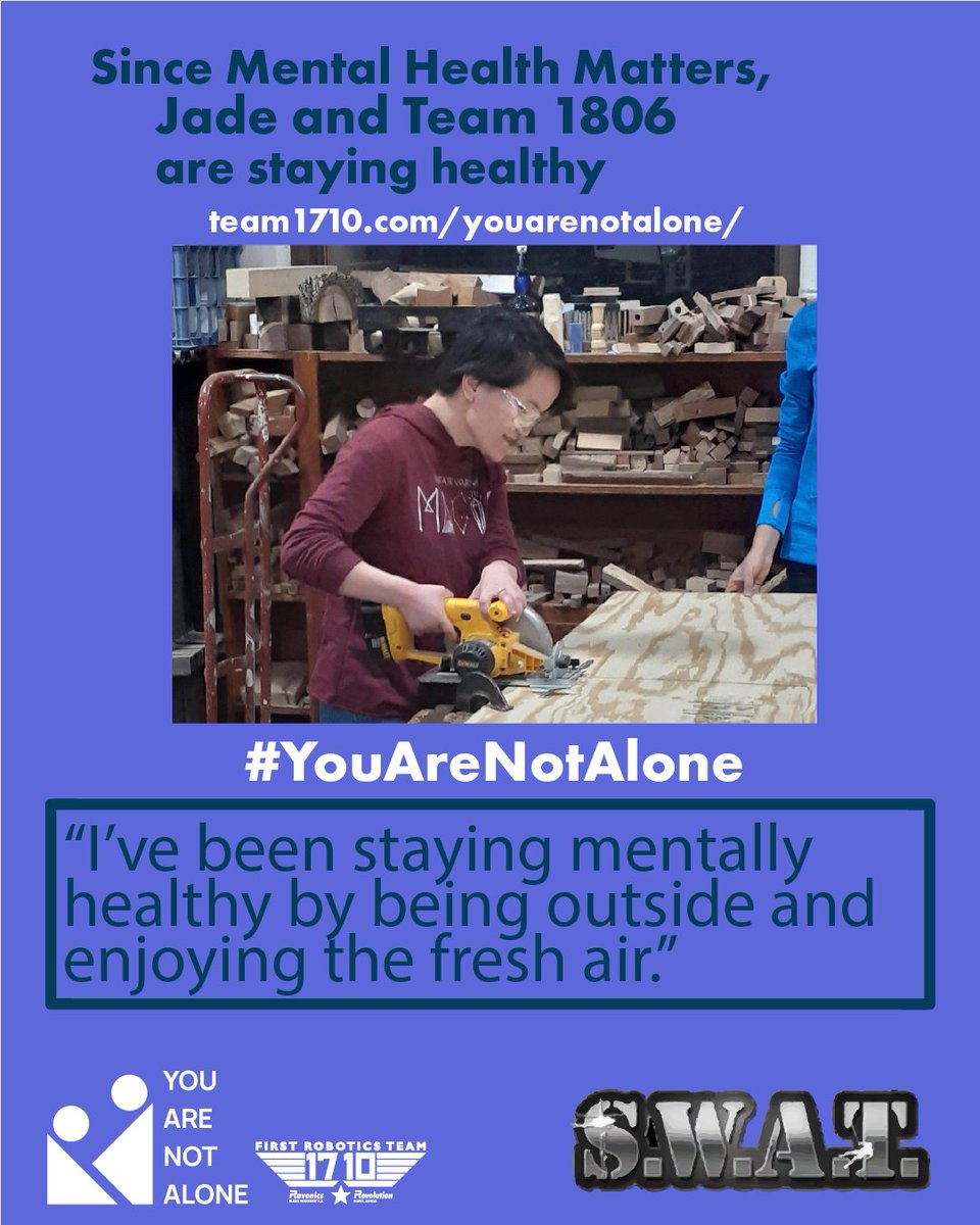 FIRST Team 1710 (@ravonics1710) on Twitter photo Shout out to Jade from <a href="/frc1806/">S.W.A.T. Robotics</a> for staying mentally healthy! On behalf of Team 1806 and Team 1710, remember #YouAreNotAlone during these difficult times. Like Jade, get outside when able. Team 1710 is here for you. <a href="/FIRSTweets/">FIRST</a> <a href="/olatheengineer/">Engineering Academy</a> <a href="/olathe_ecomm/">e-Communication</a> <a href="/chriszuck/">Chris Zuck</a> Shout out to Jade from <a href="/frc1806/">S.W.A.T. Robotics</a> for staying mentally healthy! On behalf of Team 1806 and Team 1710, remember #YouAreNotAlone during these difficult times. Like Jade, get outside when able. Team 1710 is here for you. <a href="/FIRSTweets/">FIRST</a> <a href="/olatheengineer/">Engineering Academy</a> <a href="/olathe_ecomm/">e-Communication</a> <a href="/chriszuck/">Chris Zuck</a>