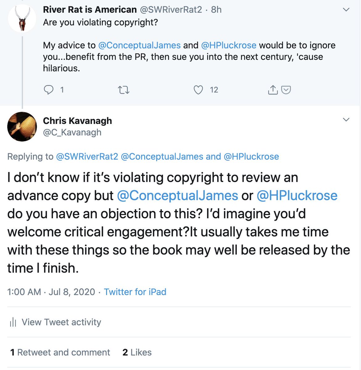 So I tweeted out that I might do a review and asked if anyone would be interested (primarily a question targeted at people who follow me, hence no tagging). After James responded to the thread saying he didn't send me a copy his fans got irate and some suggested to sue me.