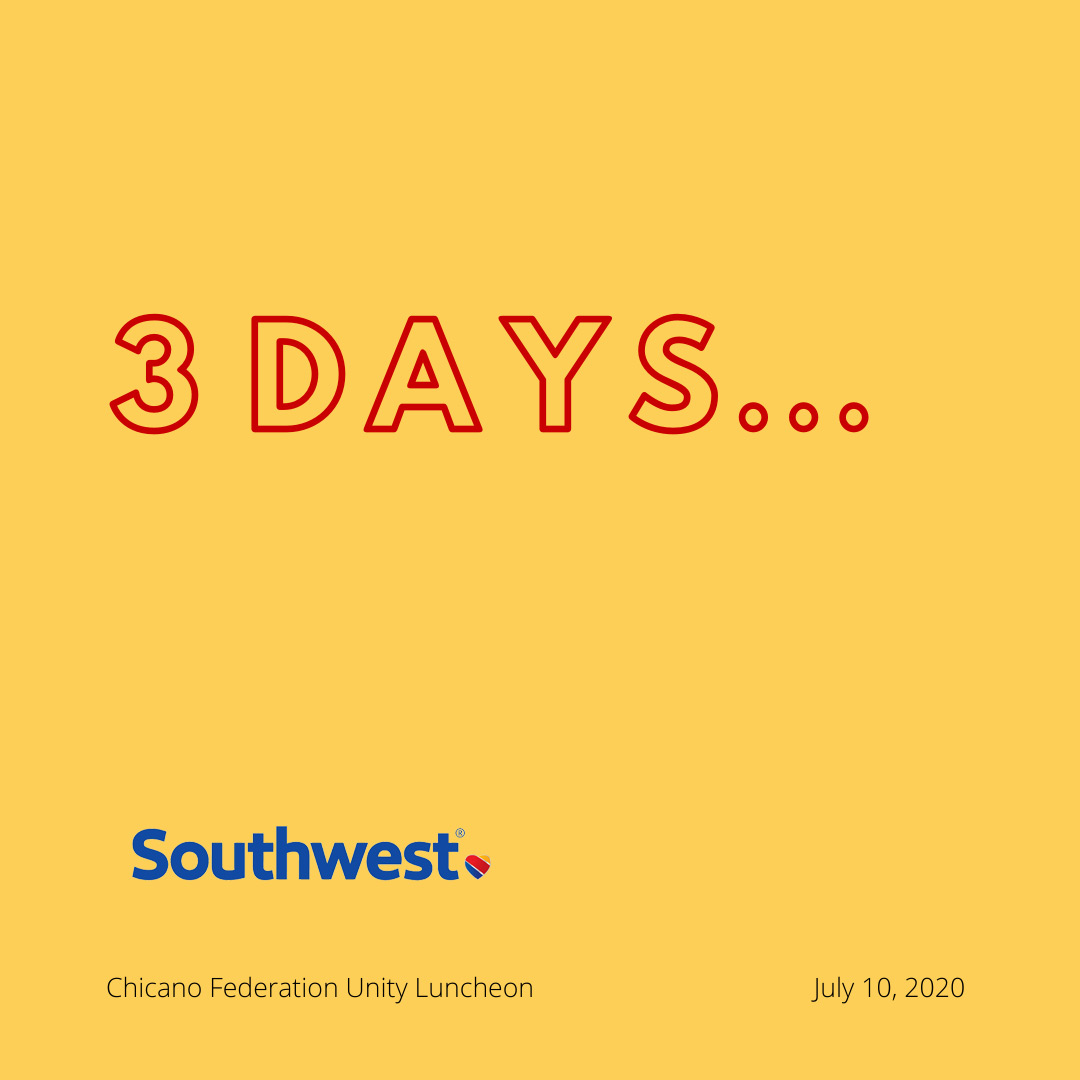chicanofed's tweet image. We are THREE days away from the Chicano Federation 2020 Unity Luncheon.
Join us and our Premier Sponsor Southwest Airlines in putting #CommunityFirst.
Pay what you can and buy your ticket here:bit.ly/2020UnityLunch…
#CommunityFirst #UnityLuncheon #ChicanoFederation #SWA