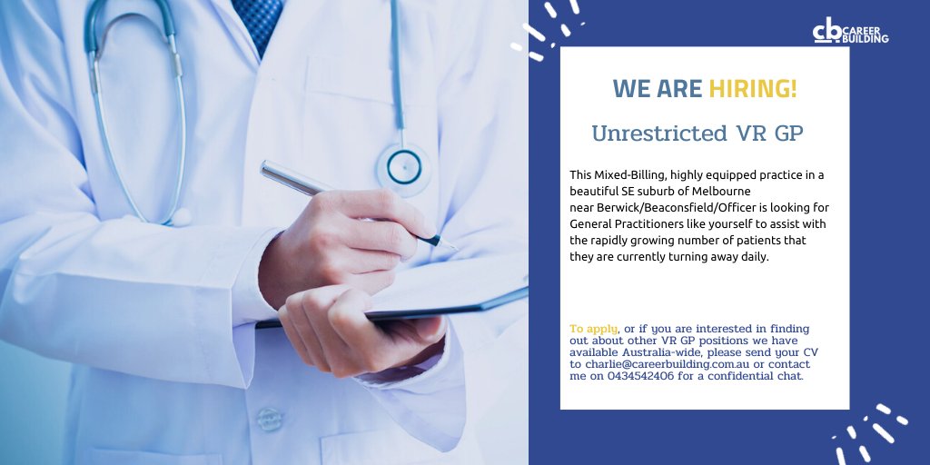 This is an excellent opportunity for an Unrestricted VR GP to join a well-established company expanding into a brand new practice in the adjacent suburb.  👩‍⚕️ 👨‍⚕️

 medicaljobsaustralia #jobsinaustralia #australiandoctors  #gps #gp #gpinau #gpinaustrailia #doctorsinaustralia