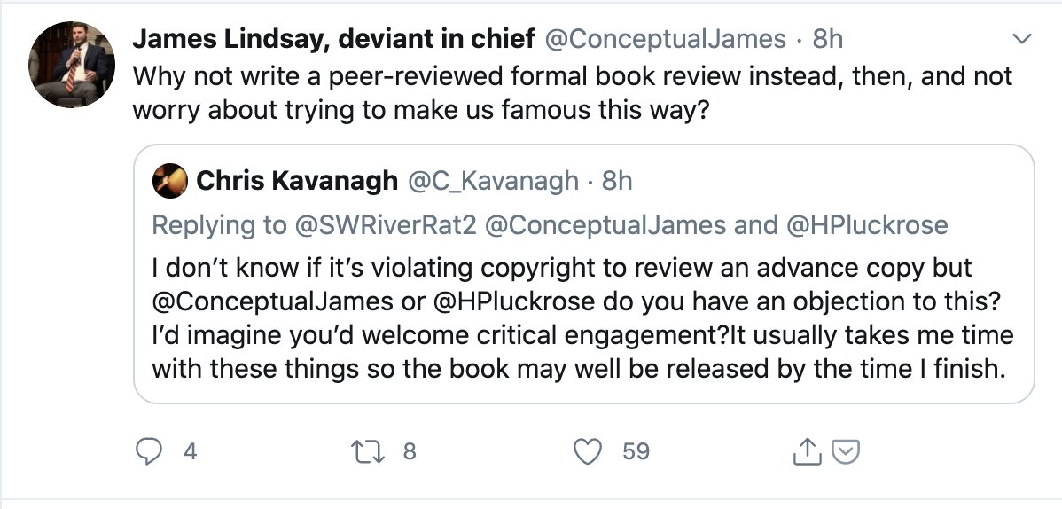 As you can see above, I then asked if either would object to my plan. Helen responded reasonably asking what I planned to do & that she would check with the publisher. James on the other hand... made implied legal threats and requested I write a peer-reviewed review instead.
