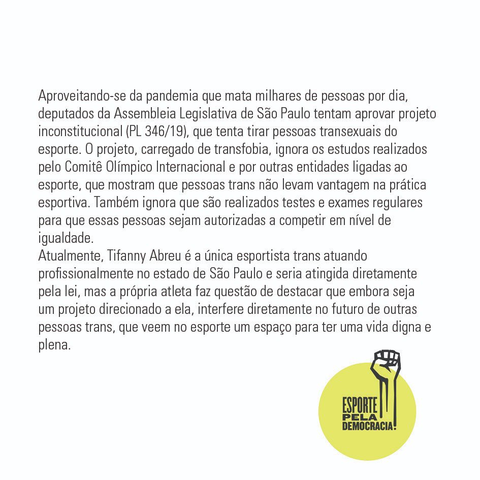 esp_democracia's tweet photo. Somos contra a transfobia. Somos contra a PL 346/19.

#EsportePelaDemocracia https://t.co/6gWCGvPLBG