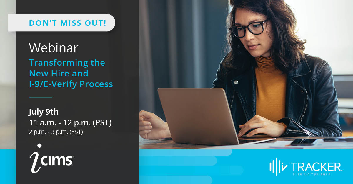 Tracker_Corp's tweet photo. Want To Transform Your I-9/E-Verify Process? Want to learn how to overcome challenges tied to remote hires?  
Join the #webinar on Thursday at 11 am PST. 
Register here: https://t.co/pF5bGt5824 https://t.co/4pGATfwciS